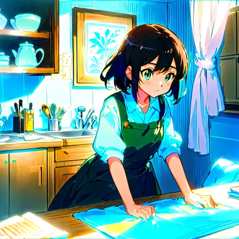 anime girl In the kitchen里 with a paper and a book, Anime cute style, Drawing in anime painter studio, Official art, In the kitchen, cooking, Official artwork, Shinkai Makoto art style, return, official illustration, ( ( Shinkai Makoto ) ), Shinkai Makoto ...