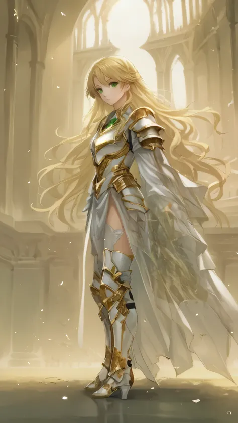 ((A character with long, blonde hair, green eyes, (maximum detail), (HD), appeared angelic, white armor with gold, (maximum quality), (Full body), standing, on the ground, shiny background scenery(maximum details), (very detailed), maximum quality undefine...