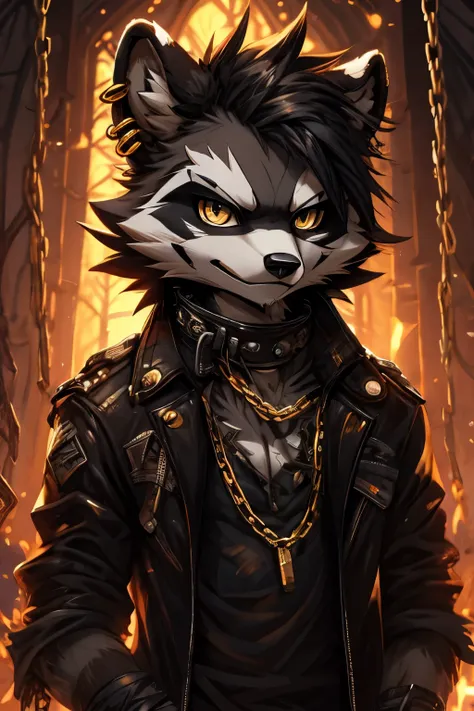 4k, HD, best quality, furry, raccoon furry, skinny, lean body, punk, piercings, torn up clothes, dark clothes, dark jacket, black and gold, gold fang, gold eyes, raccoon ears, raccoon mask, gray fur, black fur, black messy hair, big eyes, gold eyes, smirk,...