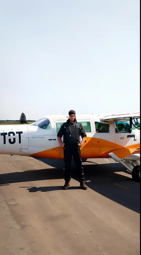 arafed man standing in front of a small airplane on a runway, in pilote, full body wide shot, reddit post, poster shot, profile shot, close full body shot, photo shot, full-body-shot, scenic full shot, a wide full shot, photo mid shot, iphone capture, full...