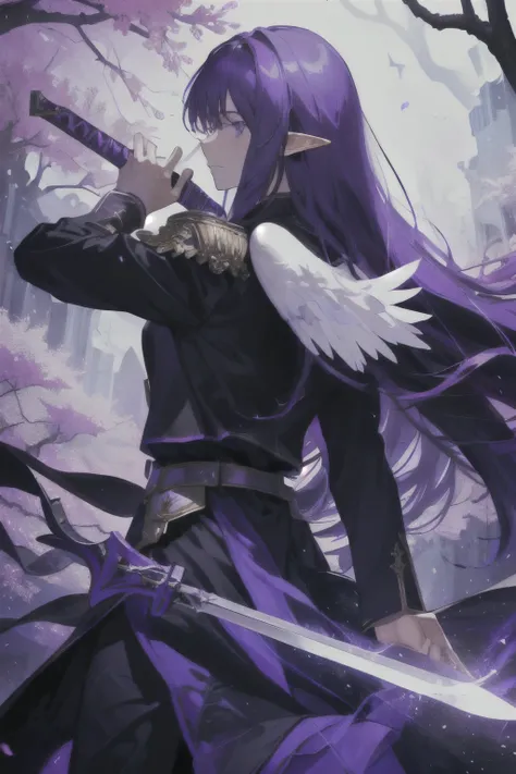 Solo 1 Male, Elf with Angel wings, incredibly Long Dark purple hair, holding sword, Dark armor, infront of large tree