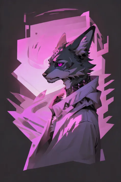 Furry, anthropomorphic animal, black and pink fur, black sclera, pink iris, is a cat, a small black claw mark on the bottom right and left of his eyes, body is made out of fur, sleek design of black and pink fur on his body and face, black diamond shape in...