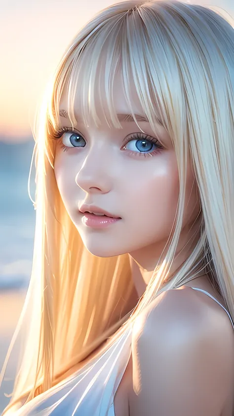 the blonde hair blowing in the strong wind obscures her cute baby face.、a beautiful, white-skinned girl in her early teens、sexy ...