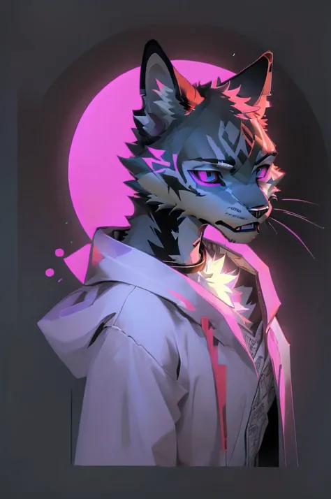 furry, anthropomorphic animal, black and pink fur, black sclera, pink iris, is a cat, a small black claw mark on the bottom righ...