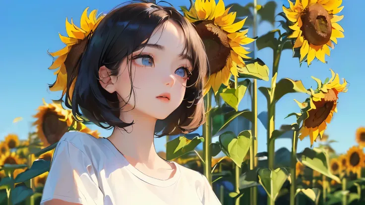 ((One woman))),((((Summer blue sky background)))、(((Close-up of the left eye))),((((Sunflowers behind))),(((Perm short black hair))),((())、((Eyes are pointing upwards)),Front view、,Masterpiece,best quality,,((White T-shirt))、((Expressionless))、determined e...