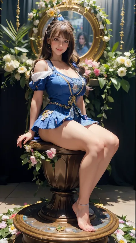 8k, Masterpiece, real photo, stunning image, sharp image, masterpiece, cute realistic European girl figure, full body, random hairstyle, random hair color, smile, detailed in every detail, random clothes, flowers, made of resin , on a pedestal, decorated p...