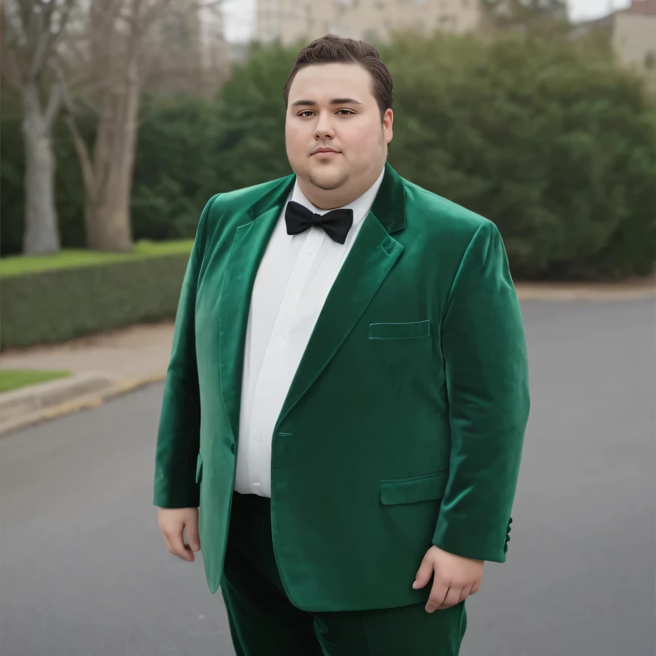 A young chubby man standing on the side of the road, weighing 250 pounds, with full dark brown hair, wearing a green velvet suit with black buttons, velvet dark green suit, white shirt,
