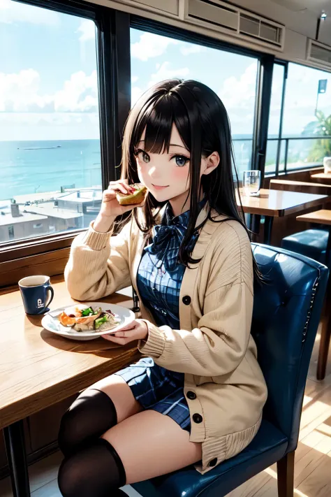 Very cute and beautiful girl sitting on a chair in a cafe,(Very detailed美しい顔),
White blouse,smile,happy,(Beige cardigan:1.2) BREAK zettai ryouiki,Black Hair,
(Blue checked mini skirt:1.2),(Cup of tea),(Sandwich on a plate),(Salad in a bowl),window,Ocean Vi...