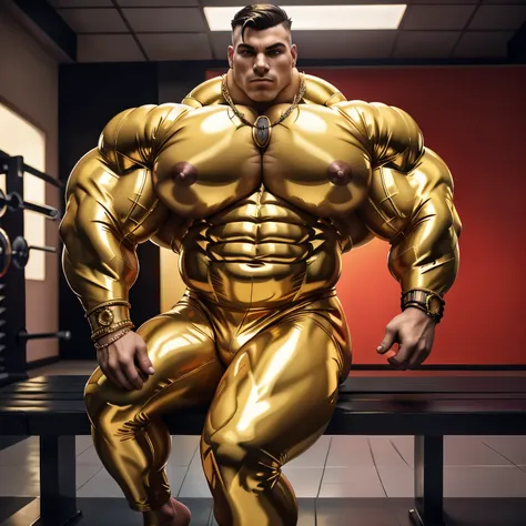 full length view, over-muscular bodybuilder Rocco Ferrari in shiny golden latex bodysuit, shiny golden latex socks, No shoes, golden rings, necklaces, bracelets, fresh clean undercut haircut, over-inflated enormous pecs, huge biceps, sprawled out on bench,...