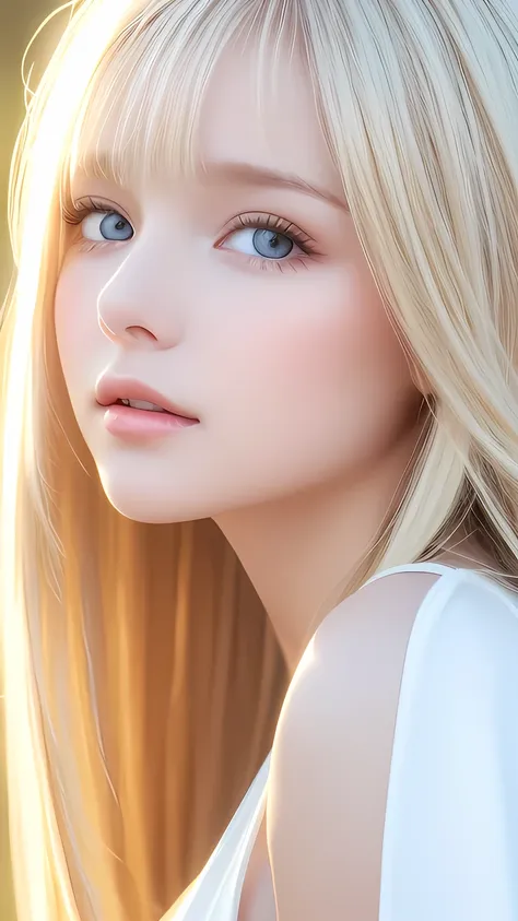 the blonde hair blowing in the strong wind obscures her cute baby face.、a beautiful, white-skinned girl in her early teens、sexy ...