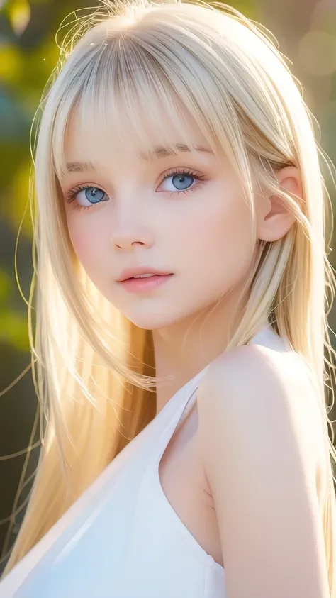 the blonde hair blowing in the strong wind obscures her cute baby face.、a beautiful, white-skinned girl in her early teens、sexy ...