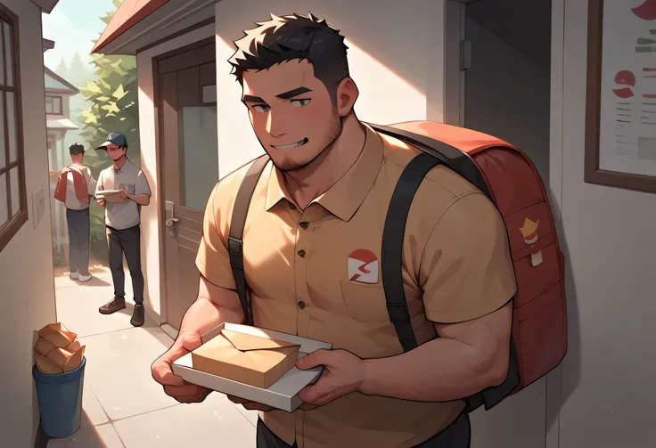 Food delivery, delivery man, Japanese, male, front porch, black hair, short hair, holding food in hand, large black cubic backpack, slightly hairy