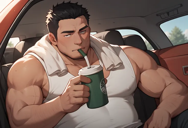 Truck driver, Japanese, one man, black hair, short hair, towel around neck, slightly hairy, middle-aged man, tank top, drinking canned coffee