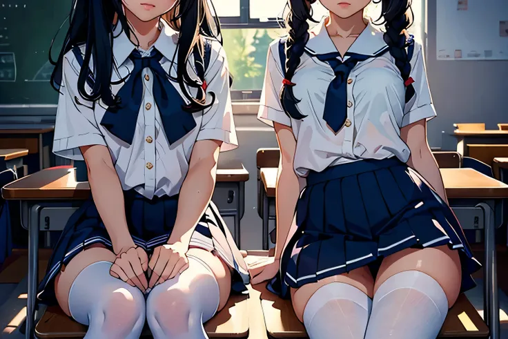 a detailed illustration of 2 schoolgirls in sailor uniforms chatting at a table in a classroom, one girls skirt is lifted revealing her underwear, beautiful detailed eyes, beautiful detailed lips, extremely detailed eyes and face, long eyelashes, school se...