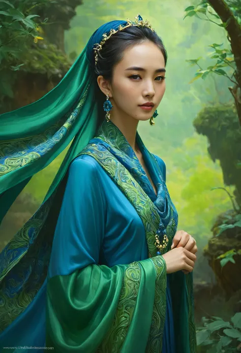 A woman in a blue dress with a long green scarf, Beautiful Woman Photos, Beautiful fantasy empress, Jan J, style of Art Gelm, Art Gelm and ruan jia, extremely detailed Art Gelm, trending Art Gelm, Art Gelm.  ruan jia and Art Gelm, Inspired by Fuhua, Art Ge...