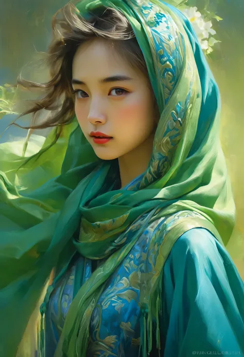 A woman in a blue dress with a long green scarf, Beautiful Woman Photos, Beautiful fantasy empress, Jan J, style of Art Gelm, Art Gelm and ruan jia, extremely detailed Art Gelm, trending Art Gelm, Art Gelm.  ruan jia and Art Gelm, Inspired by Fuhua, Art Ge...