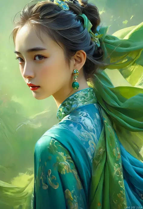 A woman in a blue dress with a long green scarf, Beautiful Woman Photos, Beautiful fantasy empress, Jan J, style of Art Gelm, Art Gelm and ruan jia, extremely detailed Art Gelm, trending Art Gelm, Art Gelm.  ruan jia and Art Gelm, Inspired by Fuhua, Art Ge...