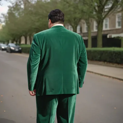 A young chubby man stands on the road with his back to the frame, weighs 250 pounds, has full black-brown hair, wears a green velvet suit with black buttons, velvet dark green suit, back