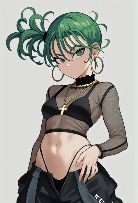 tatsumaki,green hair,curly hair,green eyes short hair,medium breast ,Side Ponytail, black bra, long sleeves, mesh crop top, baggy pants,black pants,
highleg panties , earrings,hoop earrings,cross necklace,jewelry,poese.medium breasts
High Resolution, Maste...