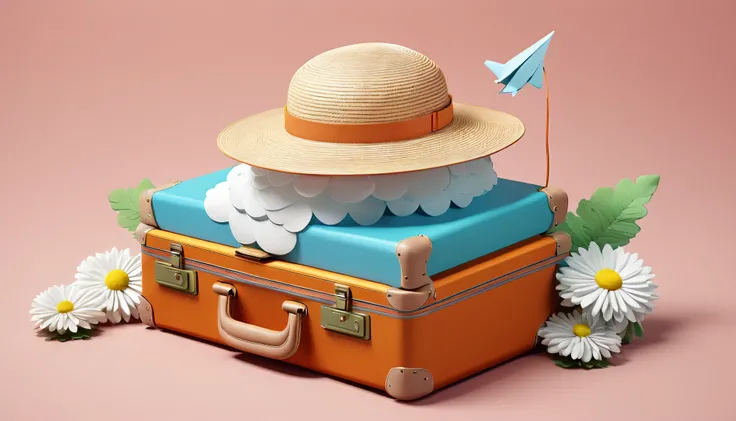 There is a straw hat on the suitcase, cloud, Atmosphere Leaf, Floating Chrysanthemums, Paper Airplane, (Miniature: 1.2), 2.5D illustration, 3D rendering3Dモデリング, Bubble Mat, Behans 3D Art Trends, Behans 3D Art Trends, 3D illustration, 3D illustration, 3D il...