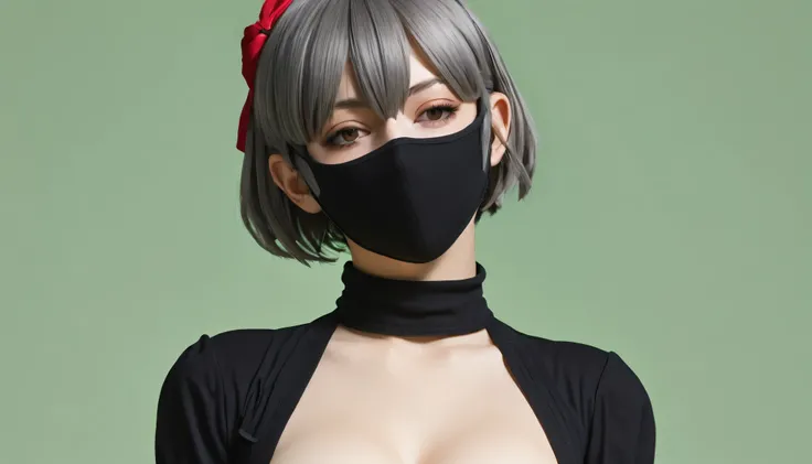 yorha no. 2 Type B, One girl, Wow, (Blindfold), chest, Clevis, Clevis cutout, clothing cutout green background, Hair between the eyes, Hairbands, High resolution, Juliet Sleeve, Long sleeve, Nier (series), Nier automata,  Puffy sleeves, Red lips, Shadowed ...