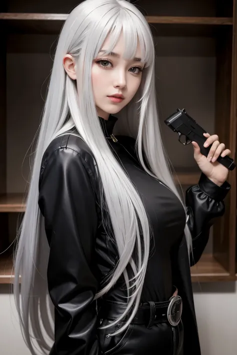 Silver hair, long hair, bangs, fair skin, beautiful girl, American, black clothes, handgun