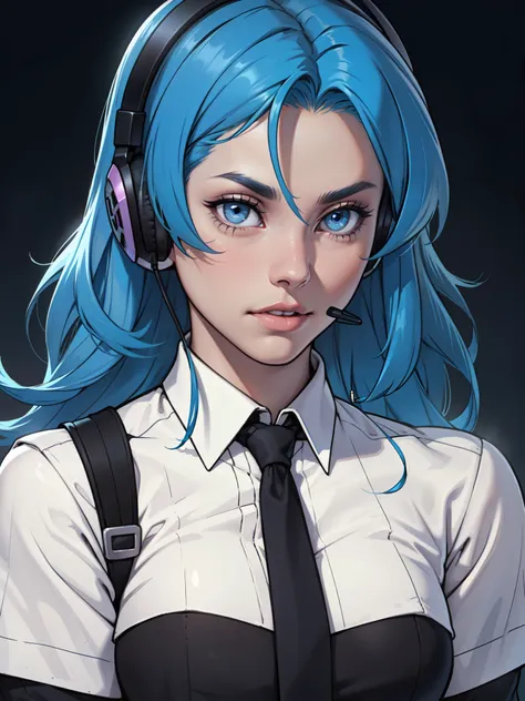 1 woman, call center, blue hair, blue eyes, telephone operator with headset and microphone, dark solid color background, seen from the front