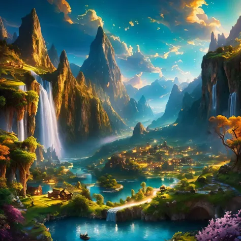 A magical valley nestled between floating islands, each surrounded by shimmering clouds of golden dust. Majestic waterfalls glow with radiant light as they fall into luminescent lakes below. Mysterious creatures with glowing eyes wander the vibrant meadows...