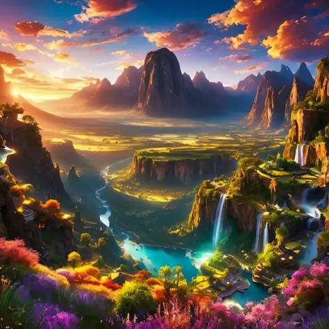 A magical valley nestled between floating islands, each surrounded by shimmering clouds of golden dust. Majestic waterfalls glow with radiant light as they fall into luminescent lakes below. Mysterious creatures with glowing eyes wander the vibrant meadows...