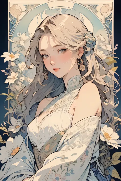 ((masterpiece)), (Best Quality), (cinematic),  Art Nouveau watercolor , Floral_background, Intricate designs and patterns in the style of Alphonse Mucha，Violet Evergarden，