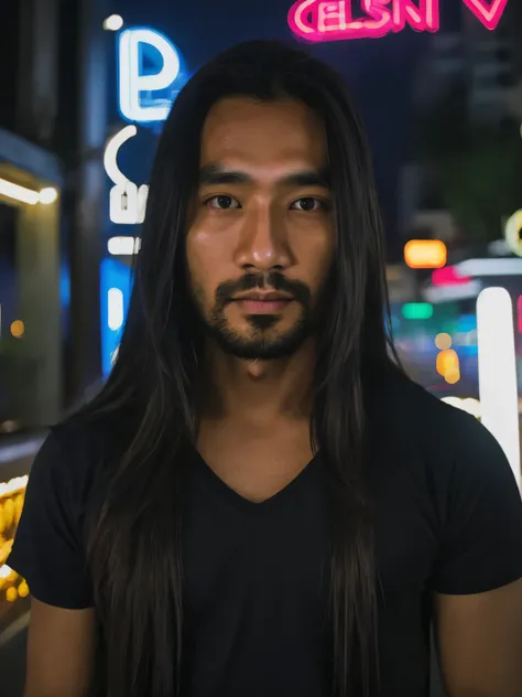 High resolution, Long hair, precise, High Detail, realistically, A 30-year-old Thai man, Neon lights, at nighttime, Wide angle view, ผิวขาวพื้นผิวที่มีความrealistically, 