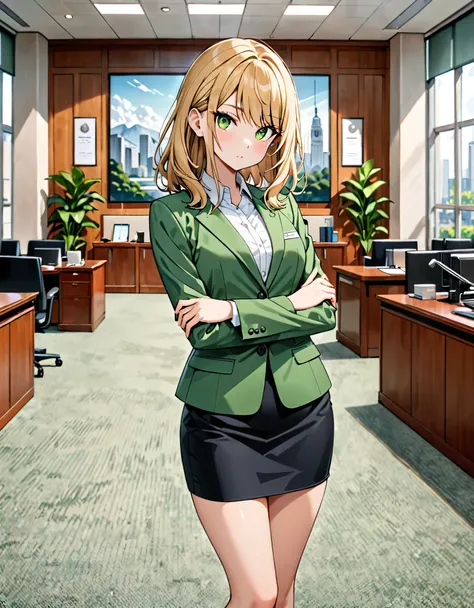 Best quality, masterpiece, high res, solo, solo focus, 8k, 1lady, casual pose, blush, looking at viewer, standing straight, blonde hair, swept bangs, lime green eyes, beautiful detailed eyes, beautiful detailed face, (perfect hands), government office back...