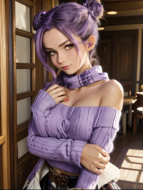 (Realistic painting style:0.9), masterpiece, best quality,  absurdres, looking at viewer, solo, hair bun, skirt, scarf, purple sweater, white skirt, purple hair, sweater, twintails, purple eyes, diamond-shaped pupils, hair ornament, bare shoulders, smile, ...