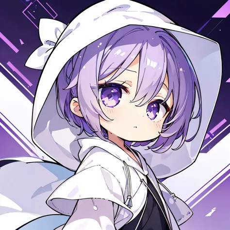 ((Best Quality, High resolution, Perfect Pixel, 4K)), (Beautiful anime), Depth of written boundary、

(One Boy)、

(White hood,White Robe:1.2), 
Purple Iris、

Purple Hair, Short Hair、

Simple Background、


(Chibi Character:1.2)、whole body、