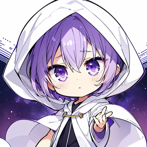 ((Best Quality, High resolution, Perfect Pixel, 4K)), (Beautiful anime), Depth of written boundary、

(One Boy)、

(White hood,White Robe:1.2), 
Purple Iris、

Purple Hair, Short Hair、

Simple Background、


(Chibi Character:1.2)、whole body、
From below、