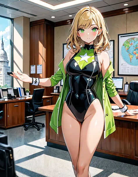 Best quality, masterpiece, high res, solo, solo focus, 8k, 1lady, casual pose, blush, looking at viewer, standing straight, blonde hair, swept bangs, lime green eyes, beautiful detailed eyes, beautiful detailed face, (perfect hands), government office back...