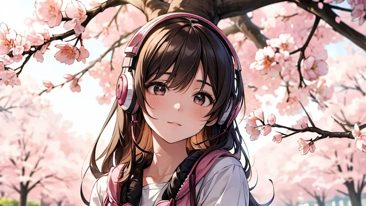 A girl wearing headphones sits under a canopy of fully bloomed cherry blossoms in a tranquil spring park. She is relaxed and content, surrounded by the soft pink petals drifting gently in the breeze. The warm sunlight filters through the branches, creating...