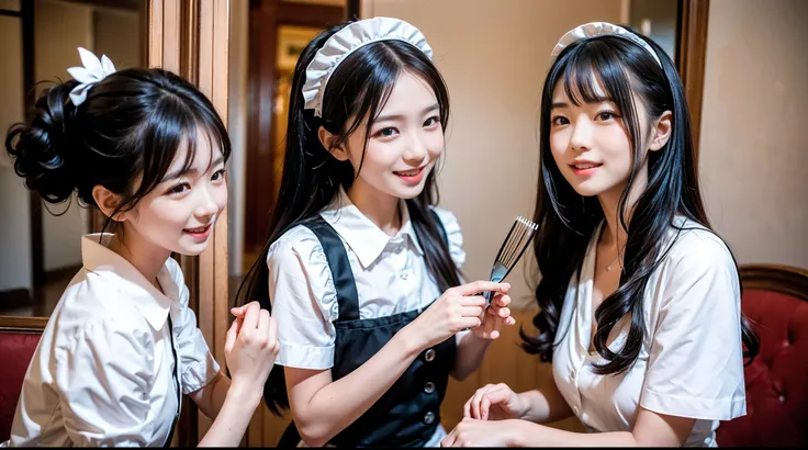 Two little girls are helping the maid and the maid lady comb their hair。The noble lady is smiling happily。, Maid&#39;s Cousin Maid does everything with love and dedication, The maid takes great pleasure in taking care of her male master.,((NSFW))