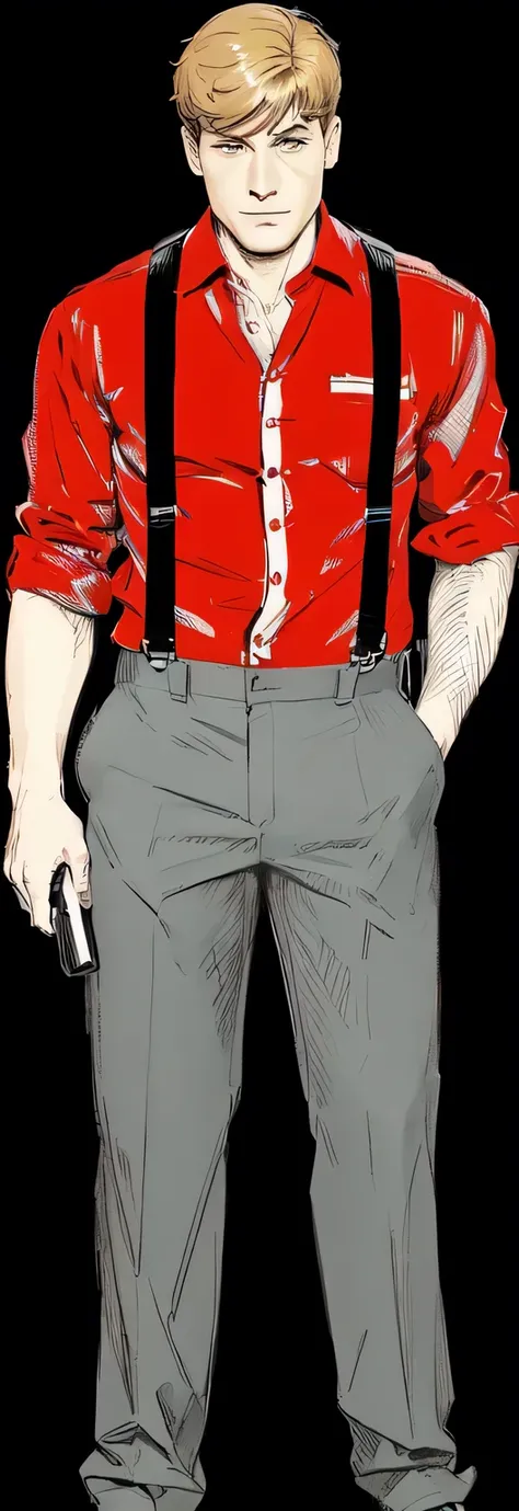 there is a drawing of a man wearing a red shirt and suspenders, full body close-up, red uniform, full body portrait of a short!, Full body illustration, Harry Volk Style Clip Art, inspired by Allen Jones, Digitally colored, black shirt with red suspenders,...