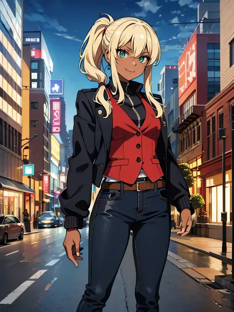 (dark skin), anime drawing, (blonde ponytail), best quality, expressive eyes, green eyes, ((full body portrait:1.5)), 3/4 view, long red jacket, black vest, standing on a city sidewalk, (smirk), (looking at viewer),  black vest, long sleeves, blue jeans, d...