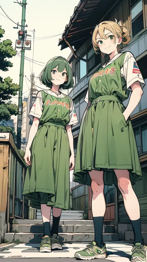 Two women are pictured。They are each wearing a different baseball team uniform.。The woman on the left「Hawks」The cream-colored uniform read,、The woman on the right「Mankai」They wear green uniforms with the words。They smile and pose for the camera、Green tree ...