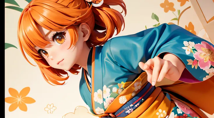 A neat and cute  girl, upper body, kimono color is orange with floral pattern,