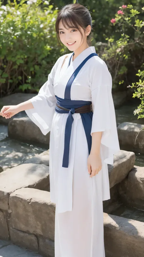 photograph, (8k), 日本の若くて美しい女性のphotograph, Full body image, (White kendo uniform, White Hakama), A kind smile, Perfect Face, ponytail, (Model body type), View your audience