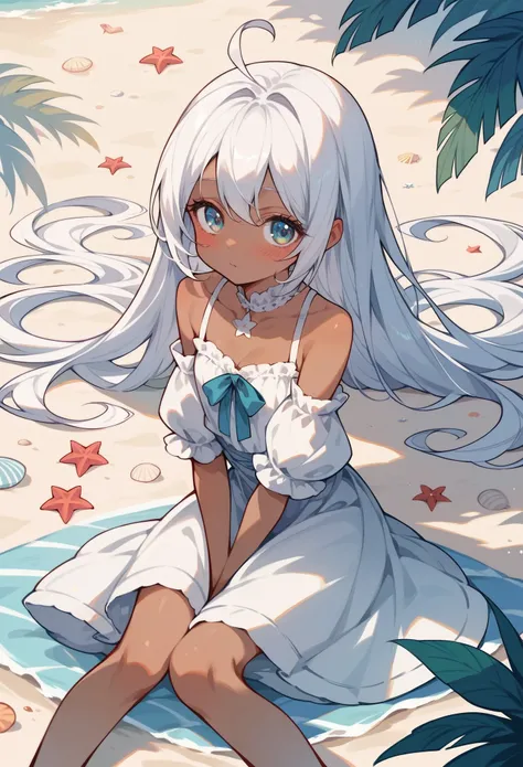 Masterpiece, (best quality, highest quality:1.1), anime, beach, 1girl, cute, astonishingly beautiful girl, timid, dark skin, sexy body, (loli:0.9), wonderful white hair, (cowardly girl:1.2), (shy:1.1), blushing,