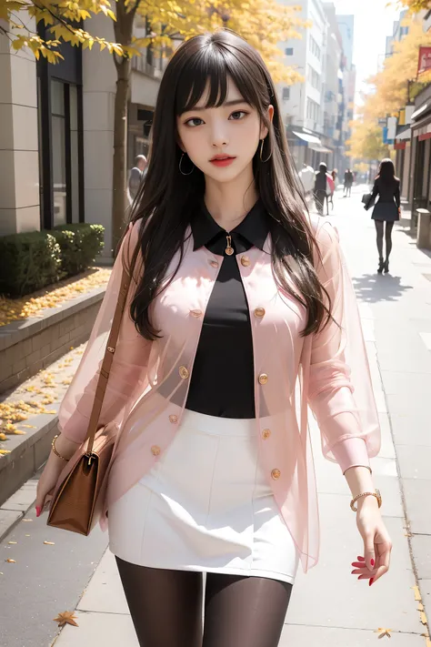 ((Woman walking down a street lined with autumn leaves))、Career woman、Beauty、One person女、One person、Long Hair、（Office Lady)、Viewer、Smile、(Big Blue Eyes)、Hair Accessories、gem、(Light brown hair)、mouthをclose、bangs、bracelet、lips、Portrait、Red nails、close、赤いlips...