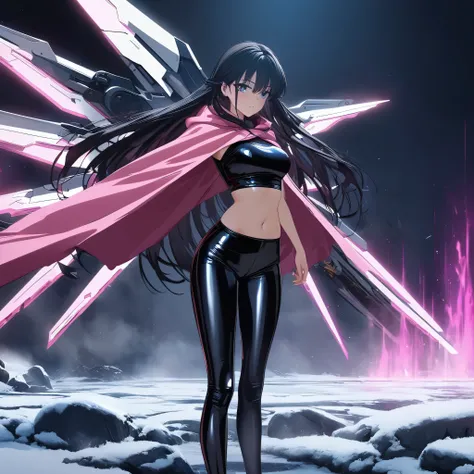 ((Sexy seductive anime long haired girl wearing shiny crop top and shiny black metallic leggings)), (with pink cape) (high heels), (standing seductive), (Cold snowy area), (Pink aura), (mechanical wings), modern anime style, 4 k manga wallpaper, very moder...