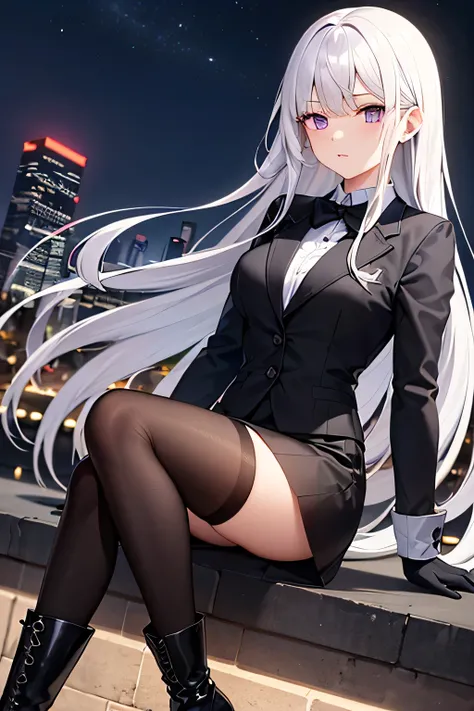 girl, long white hair, face mask, purple eyes,.white long sleeve shirt, Black gloves, black tie, black skirt, black boots, Long black stockings, city at night in the background