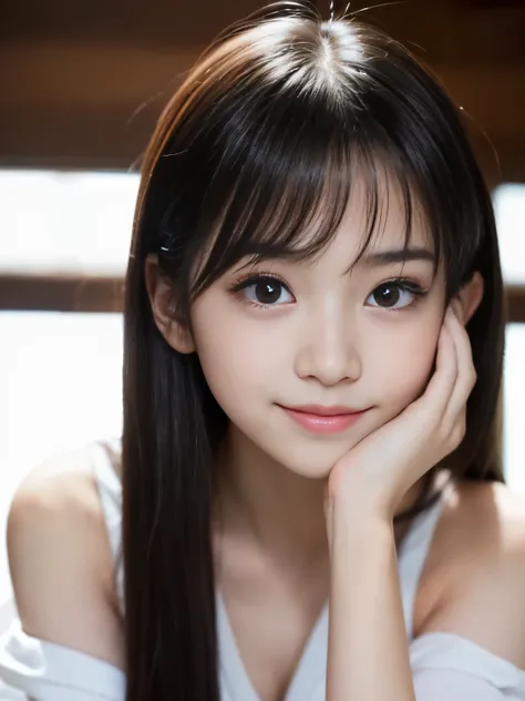 (Best-quality, Masterpiece, Ultra-High-Resolution, (Photorealistic:1.4), Raw Photo, depth of field, professional lighting, perfect anatomy, extremely details), 1girl, 12-years-old, the most famous Japanese idol, innocent smile, (cutest and babyish-face lik...