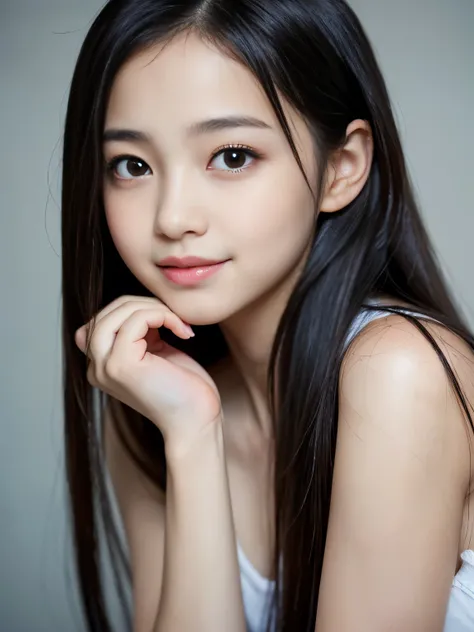 (Best-quality, Masterpiece, Ultra-High-Resolution, (Photorealistic:1.4), Raw Photo, depth of field, professional lighting, perfect anatomy, extremely details), 1girl, 12-years-old, the most famous Japanese idol, innocent smile, (cutest and babyish-face lik...