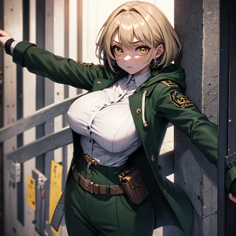 landscape, military, dug-in, funk hole., entrenchment, trench, (barbed-wired fencing:1.2), BREAK. 1 skinny girl standing, light brown short hair, swaying back, BREAK, (dark green long coat with hood:1.2), (hood pulled over her head:1.2), tight-fit khaki mi...